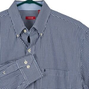 IZOD Mens‎ Large Tall Navy Gingham Check Button Down Sleeve Shirt Classic Fit